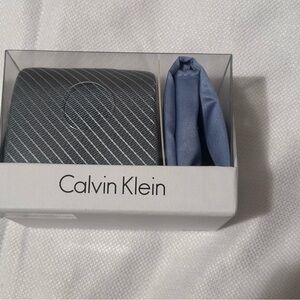 NWT Calvin Klein Striped Gray and Light Blue Tie and Pocket Square